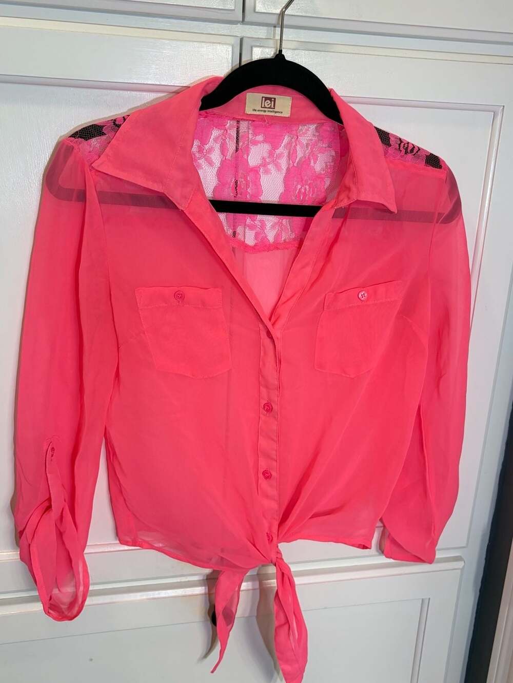 l.e.i. Y2K Hot Pink Sheer Tie-Front Lace Inset Blouse Small